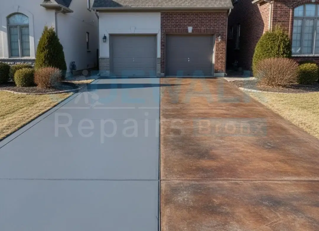 Painted vs. stained concrete driveway comparison.
